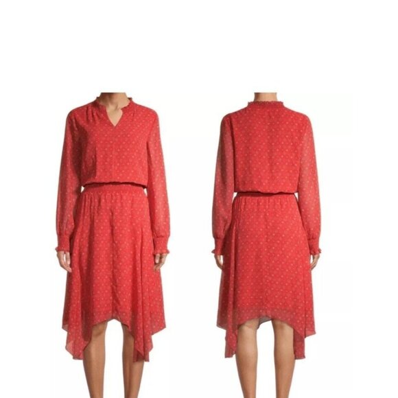 Boho Handkerchief hem Dress Women Large 12/14 red Orange print Long Sleeve - Picture 1 of 16